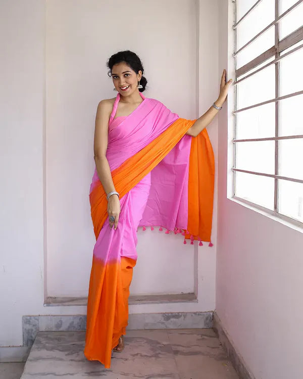 "MUL COTTON PINK ORANGE MULTICOLOUR DYED SAREE