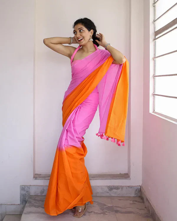 "MUL COTTON PINK ORANGE MULTICOLOUR DYED SAREE