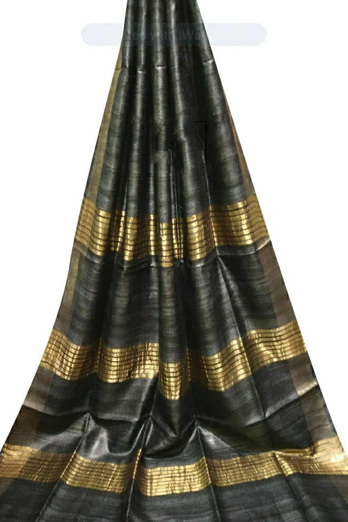 BLACK COLOUR TUSSAR GICCHA SILK SAREE