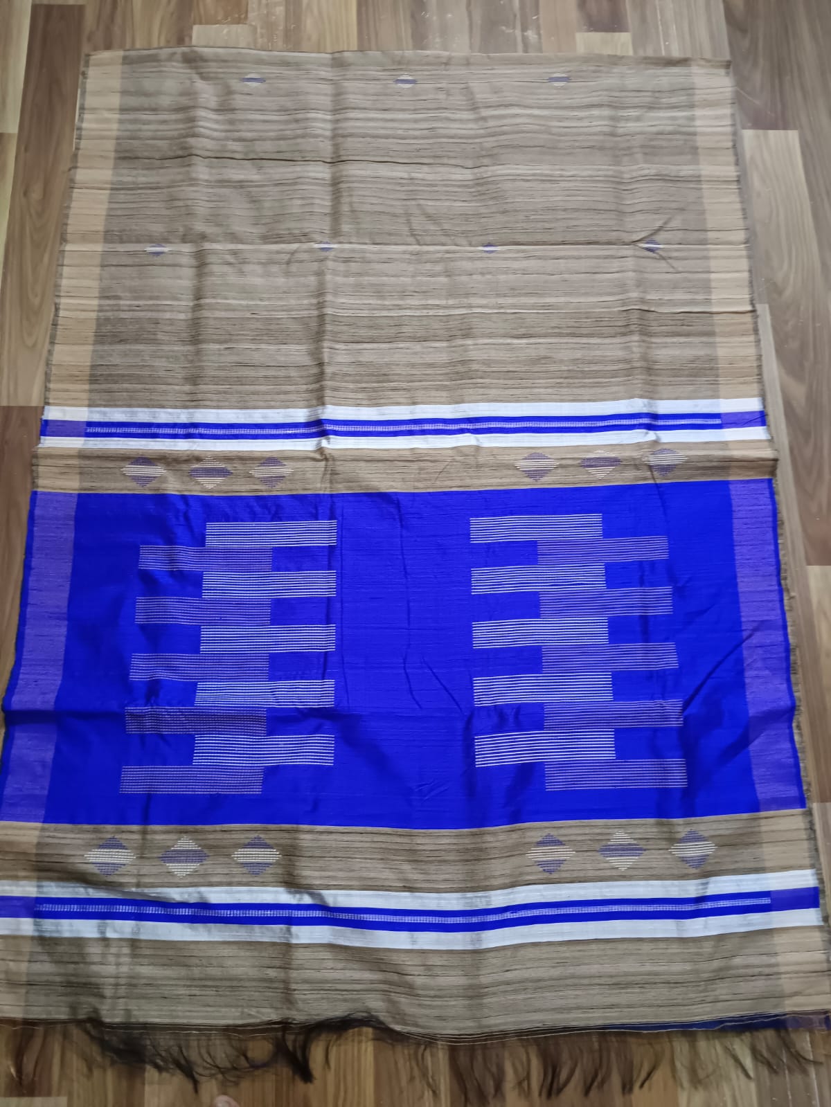 Natural Color Tussar Silk Saree with Blue Geometric Borders