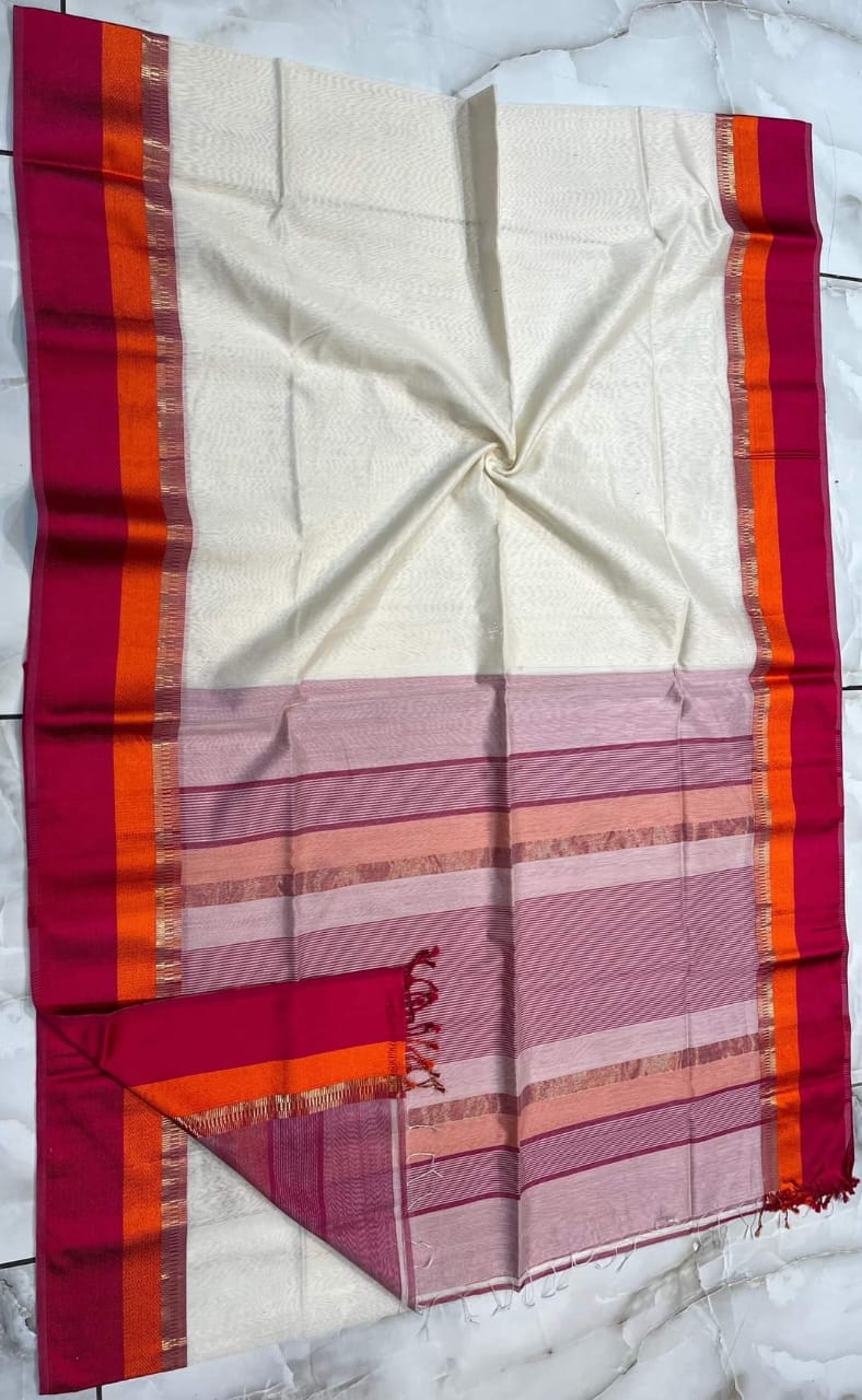 Yellow Maheshwari Silk Saree with Magenta Zari Border