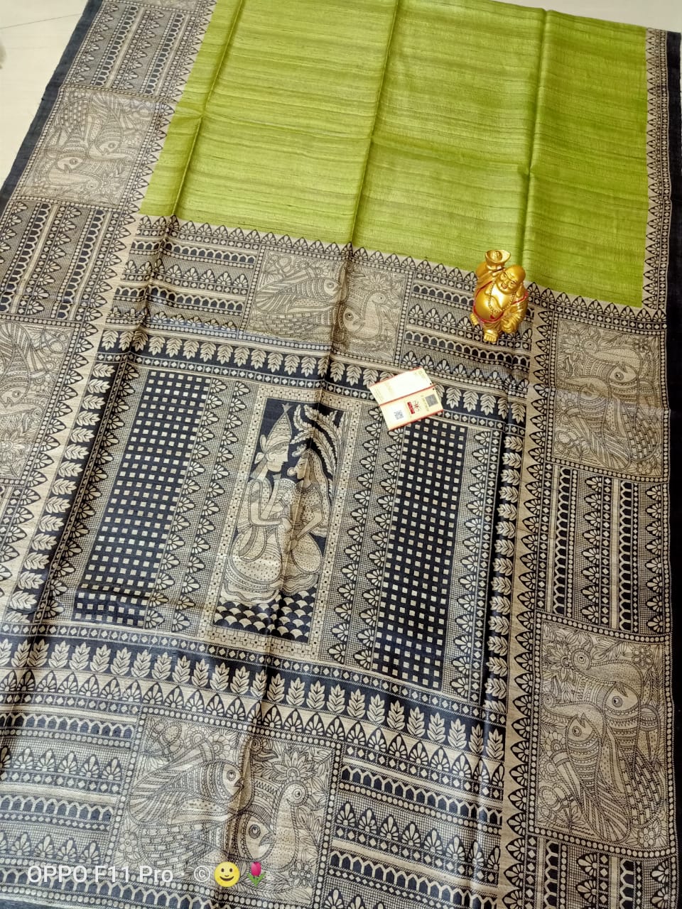 Printed Black and Parrot Green Tussar Giccha Saree