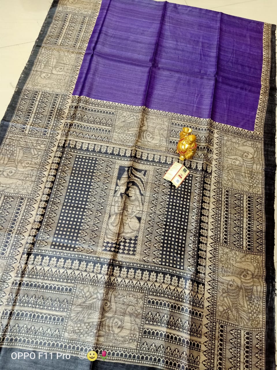 Printed Black and Blue Tussar Giccha Saree