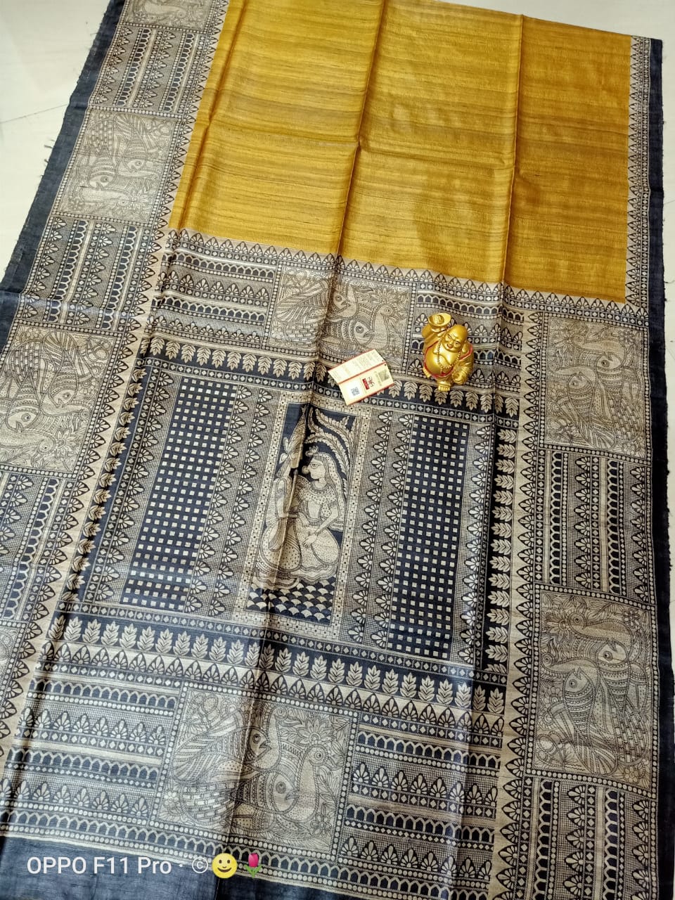 Printed Black and Yellow Tussar Giccha Saree