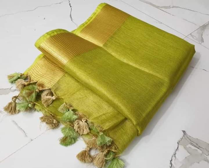 Linen fabric Radiant Parrot Green Tissue Linen Saree