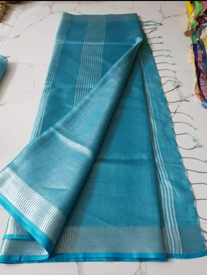 Turquoise Tissue Linen Saree Sustainable Elegance