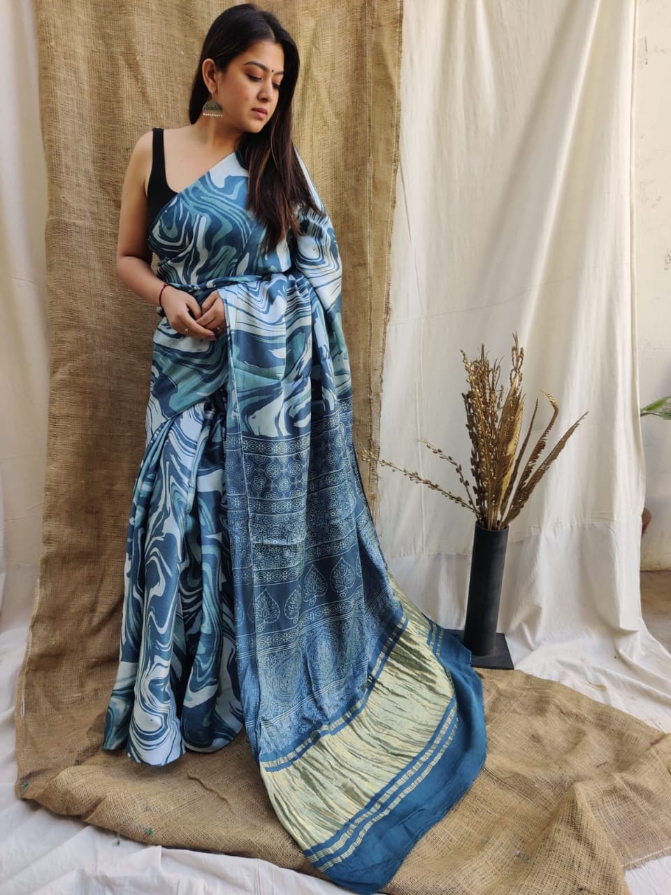 Sky Blue Colour Marble Print Coton Slub Saree