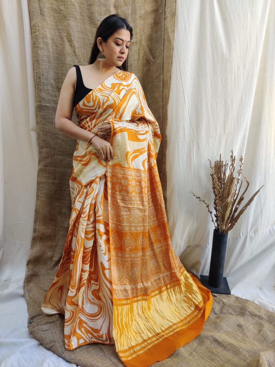 Orange Marble Print Coton Slub Saree