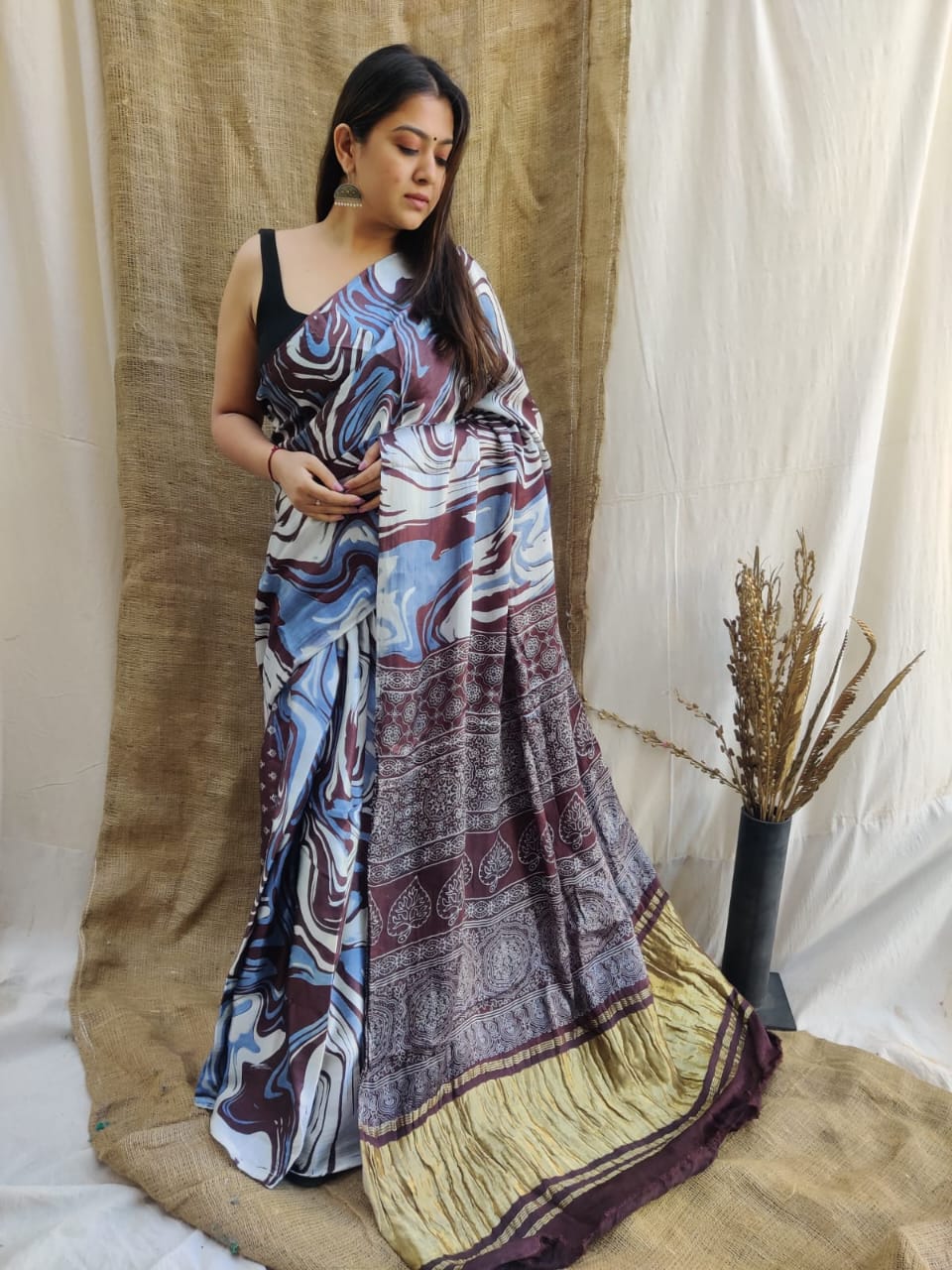 Bluish Marble Print Coton Slub Saree