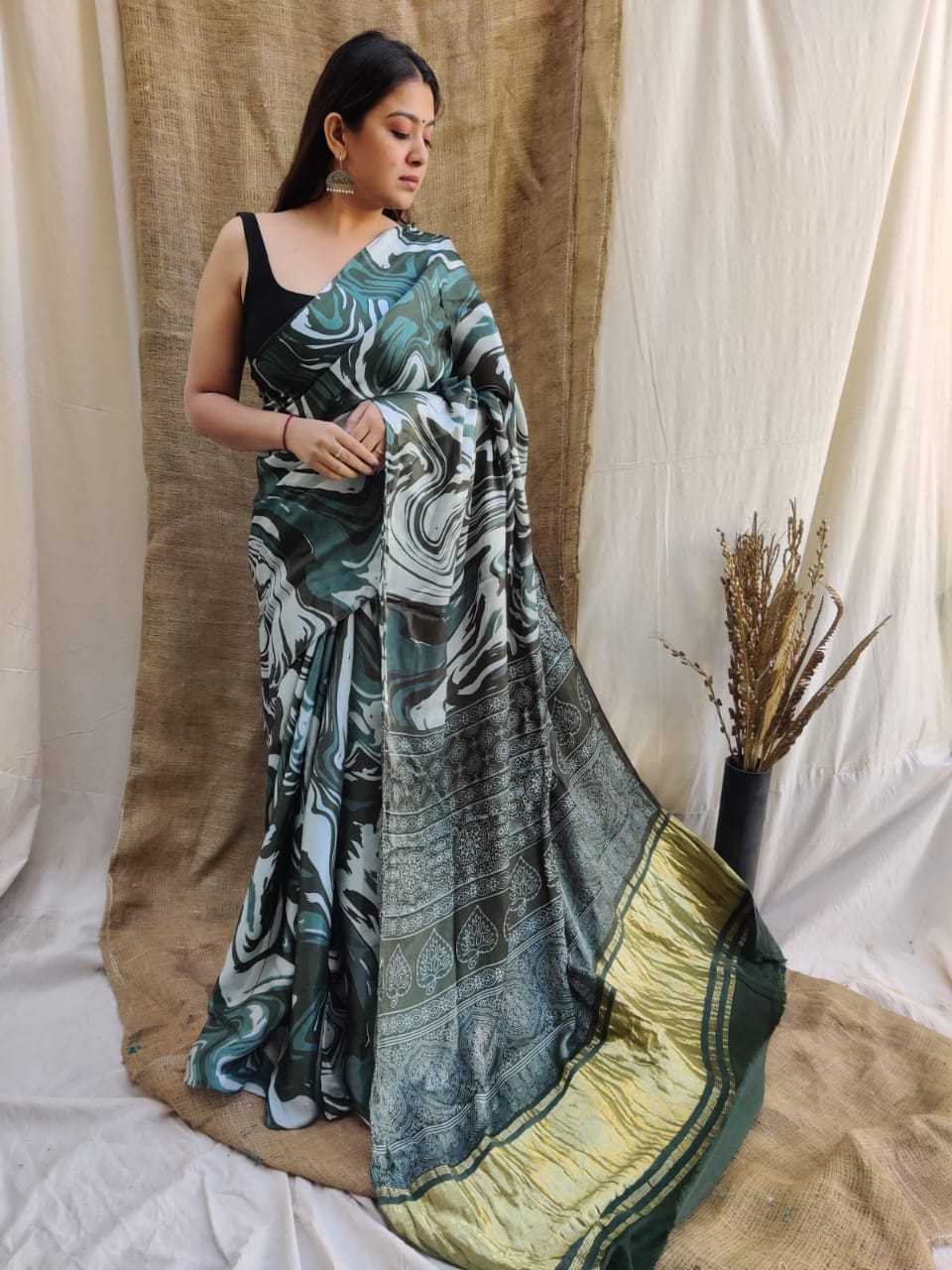 Dark Greenish Colour Marble Print Coton Slub Saree