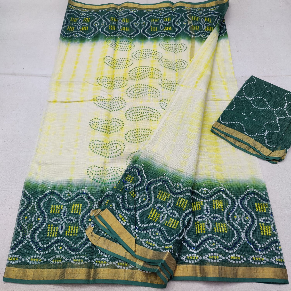 Green & Yellow Border Art Motif Block Printed Cotton Slub Saree