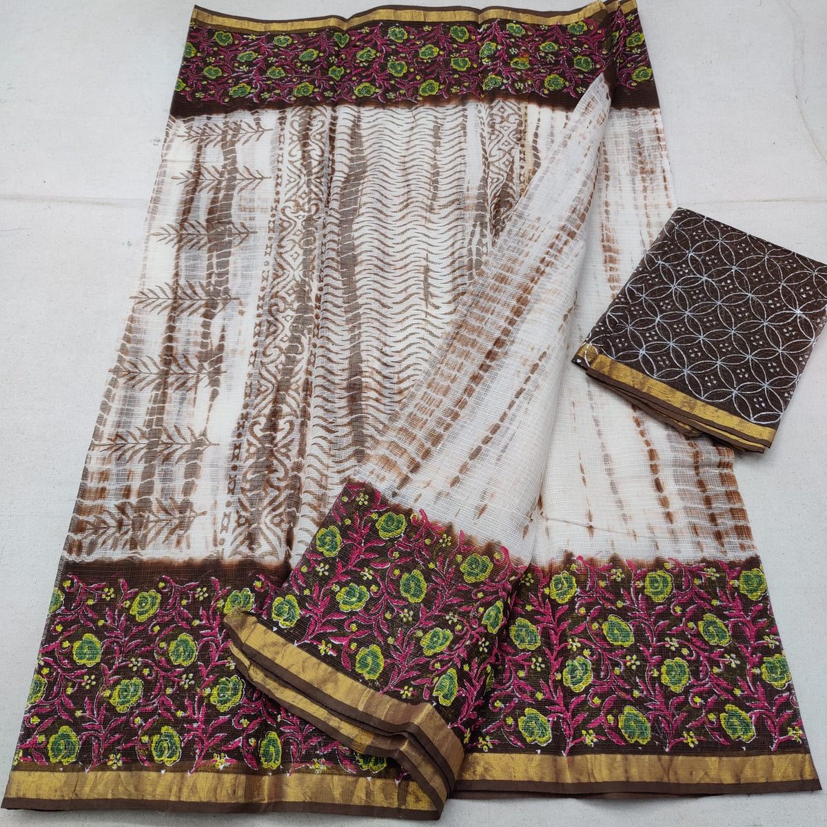 Floral Border Block Printed Cotton Slub Saree