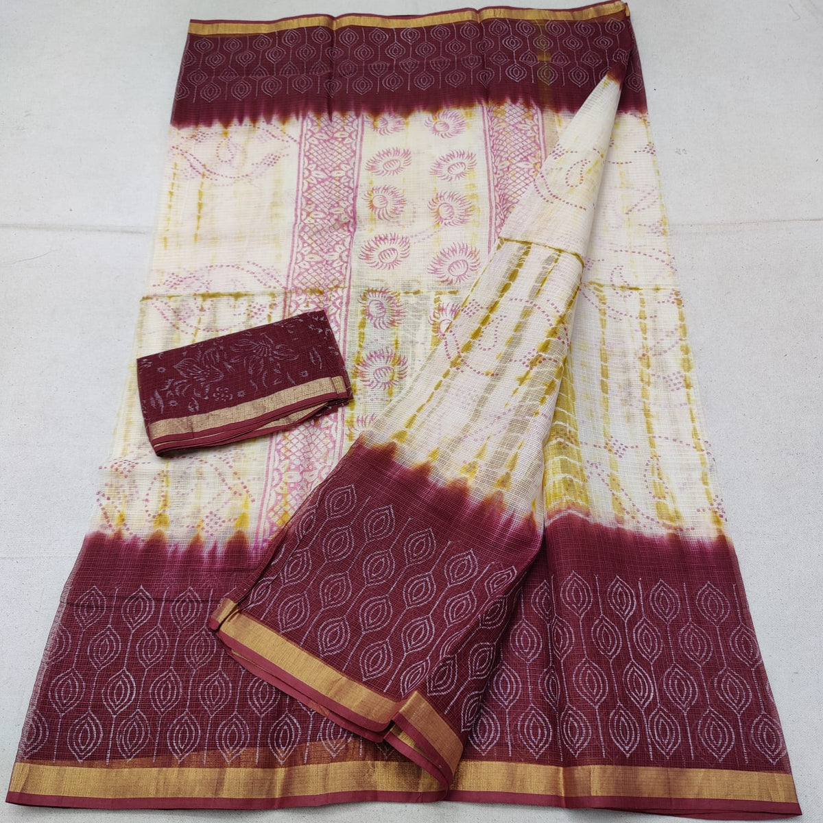 Maroon Cotton Slub Saree with Floral Block Print & Unique Motif Border