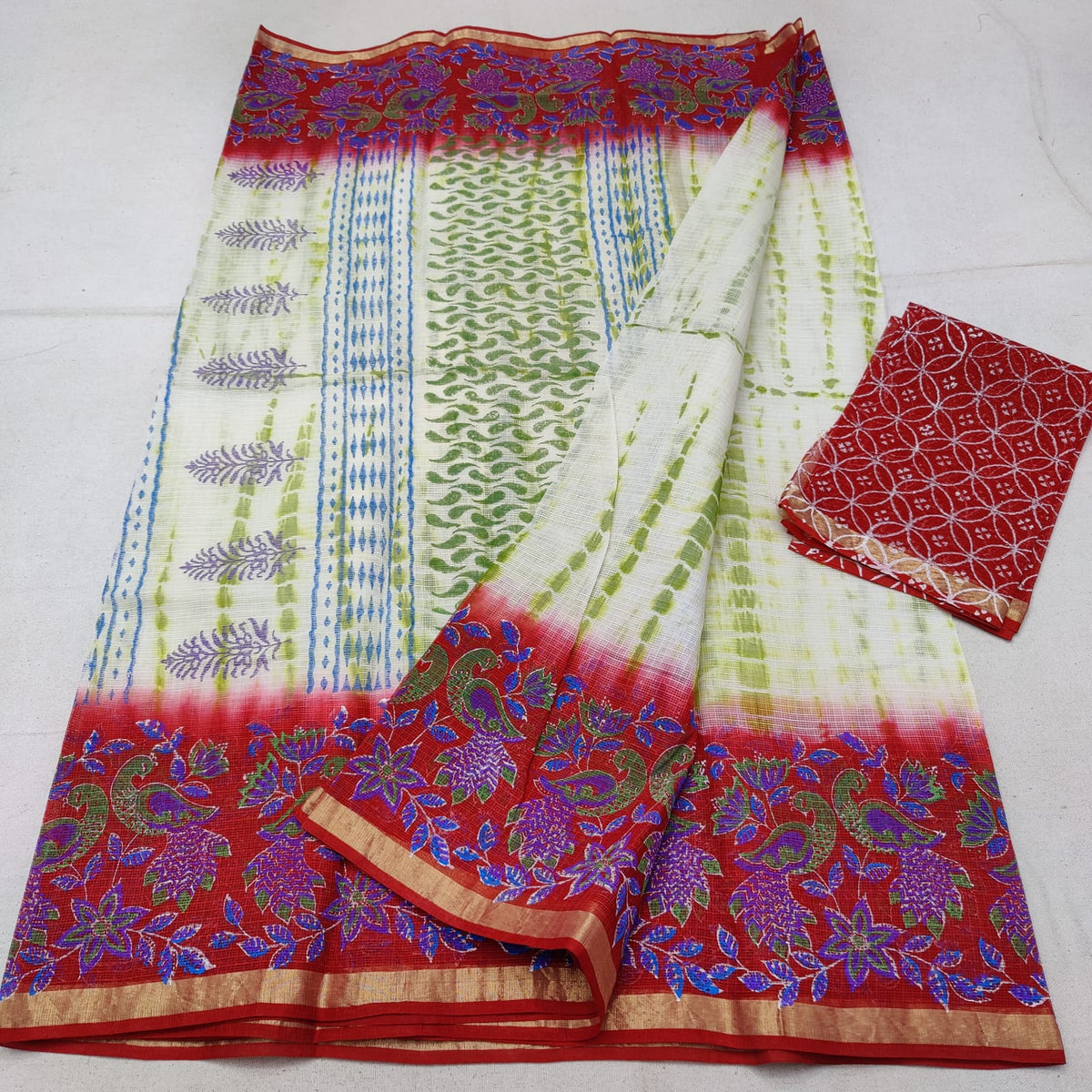 Flower & Bird Border Block Printed Cotton Slub Saree