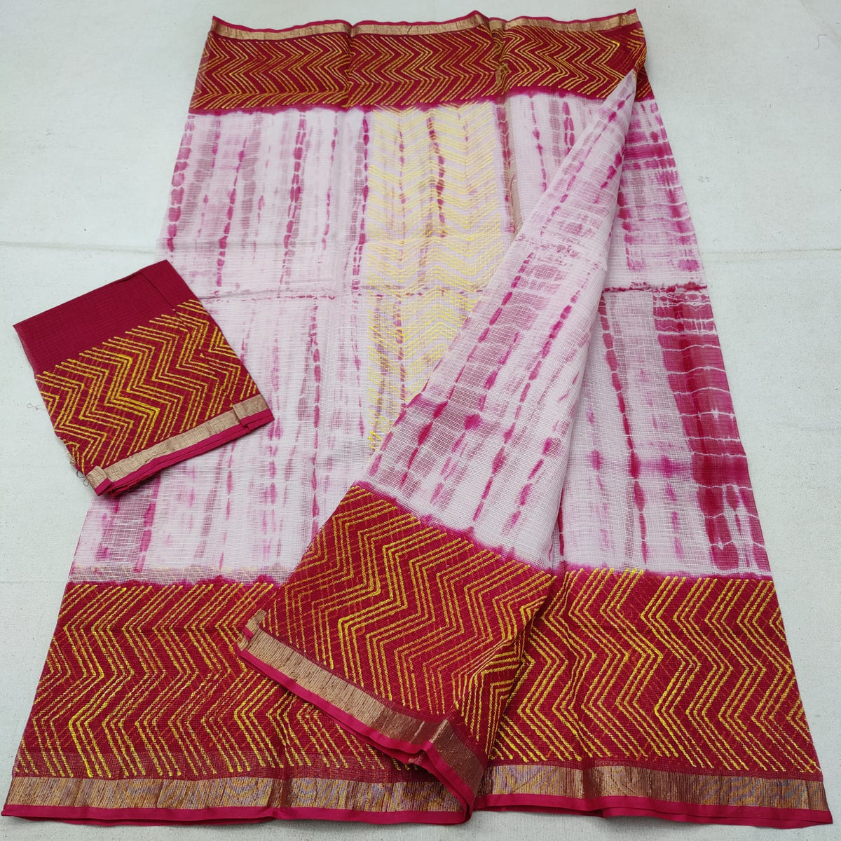 Geometical Pattern Red Border Block Printed Cotton Slub Saree