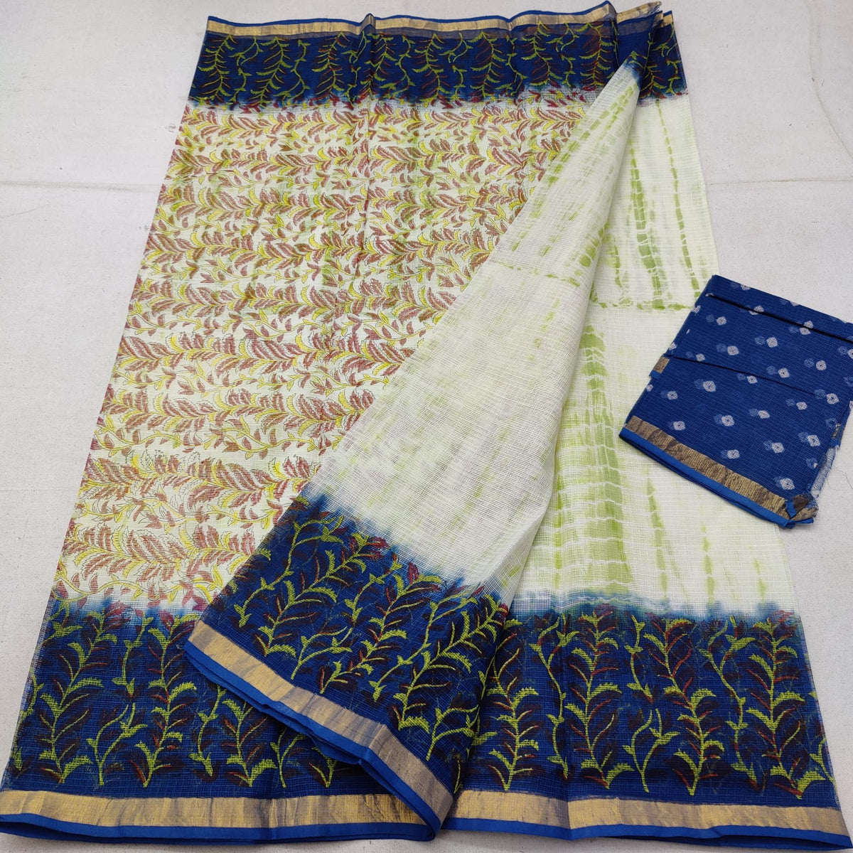 Cotton Slub Saree with Leaf Blue Motif Border
