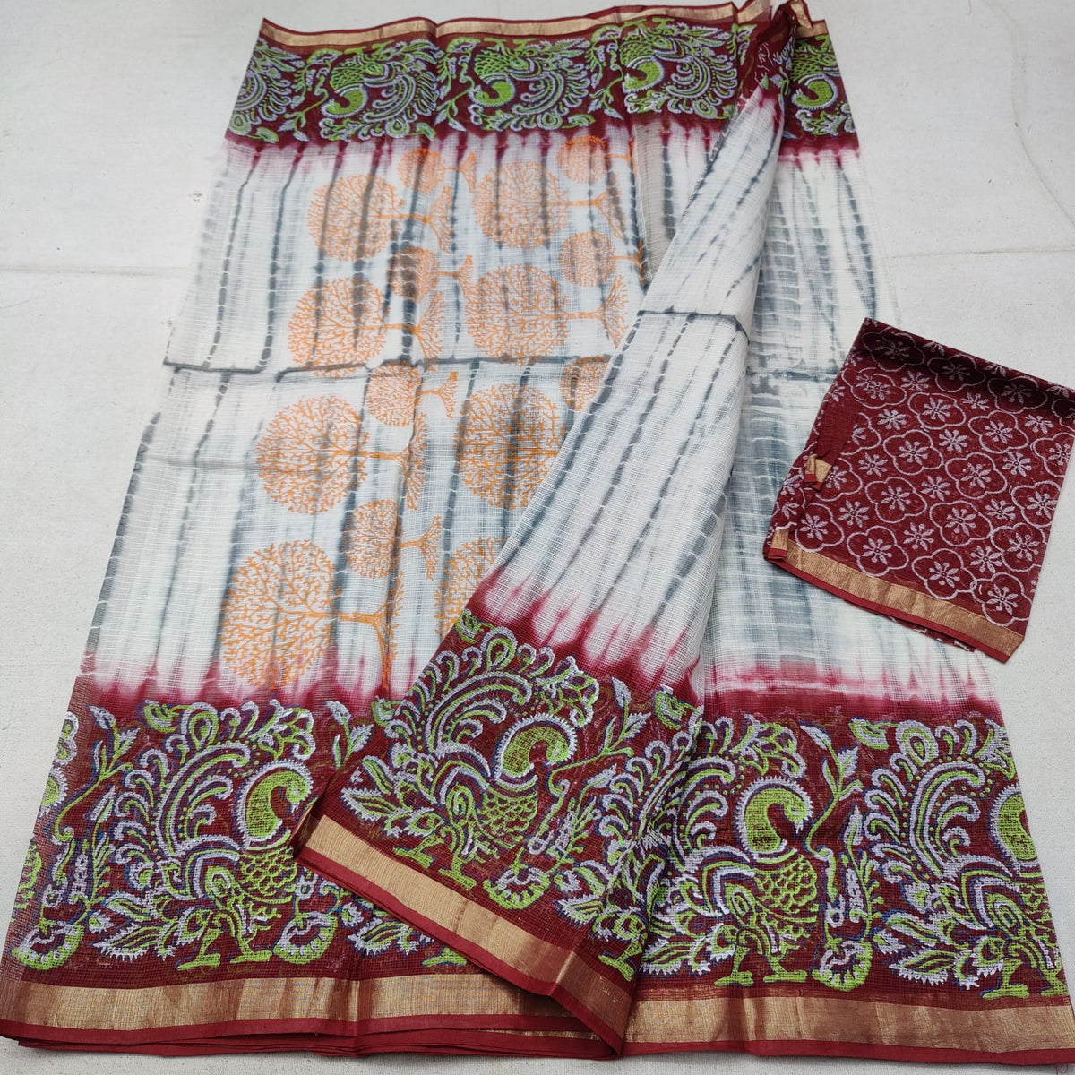 Peacock Marron Border Block Printed Cotton Slub Saree