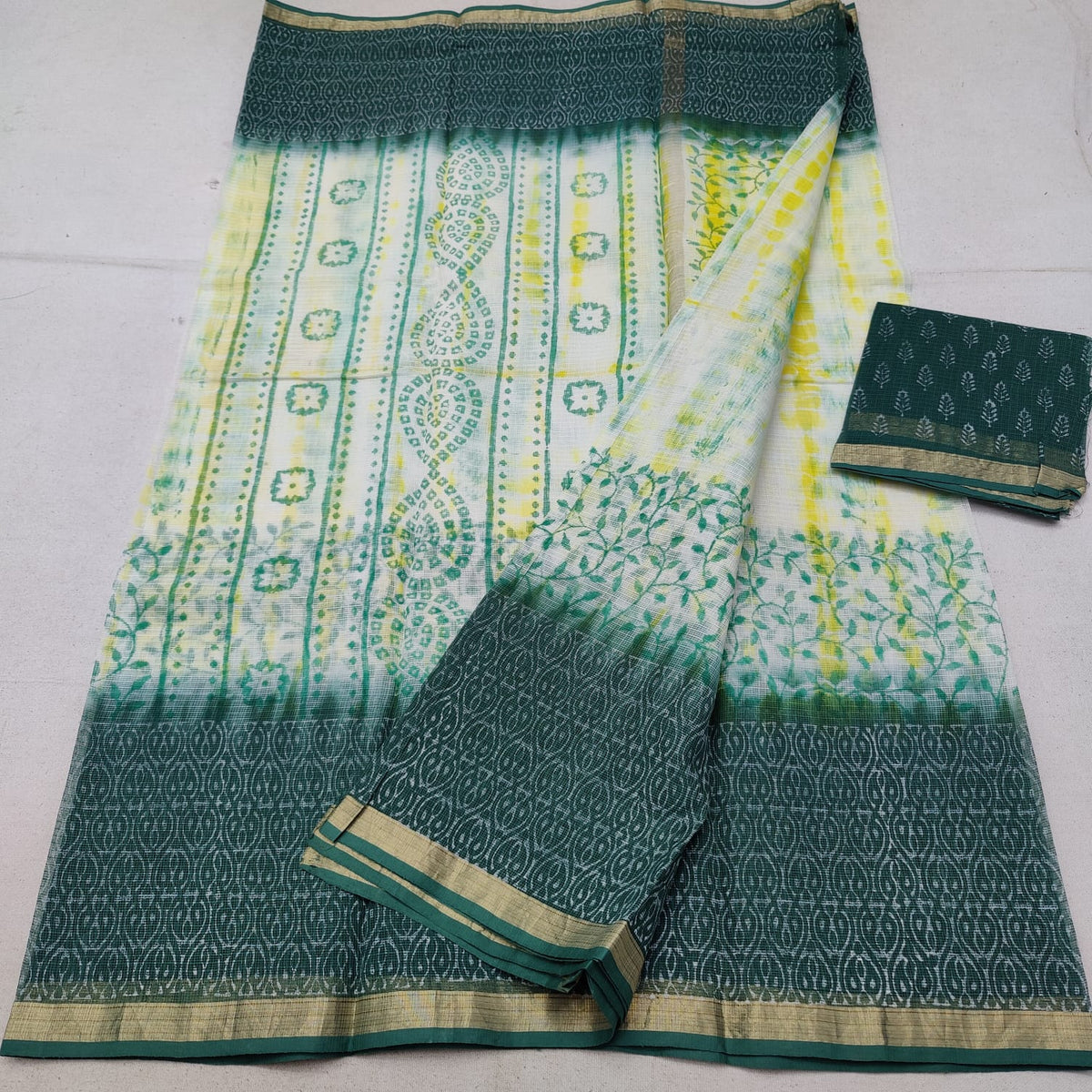 Green Border Block Printed Cotton Slub Saree