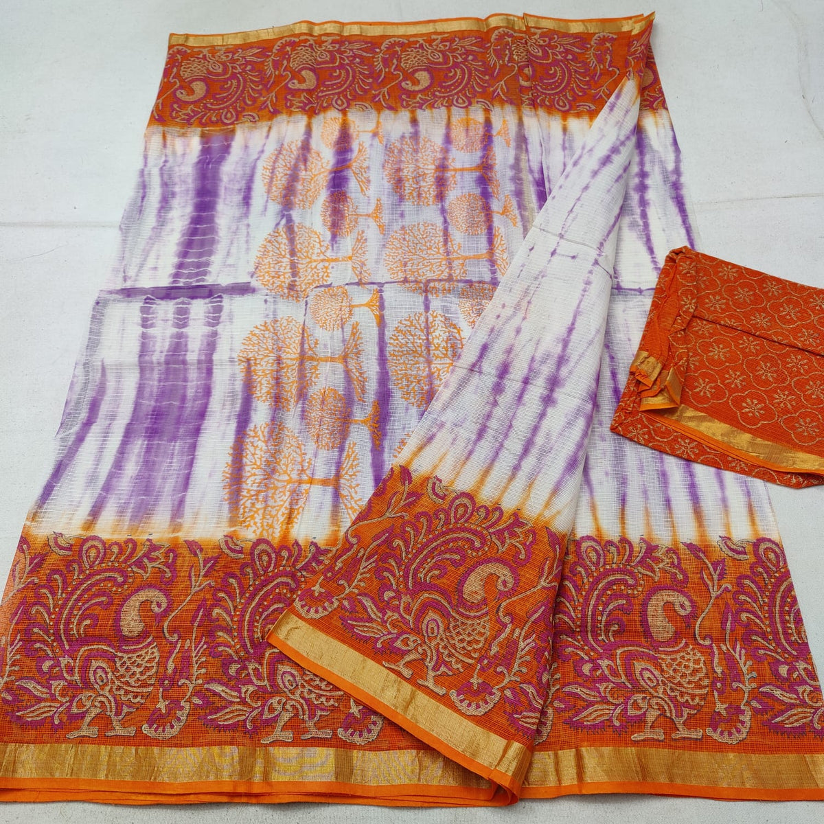 Peacock Orange Border Block Printed Cotton Slub Saree