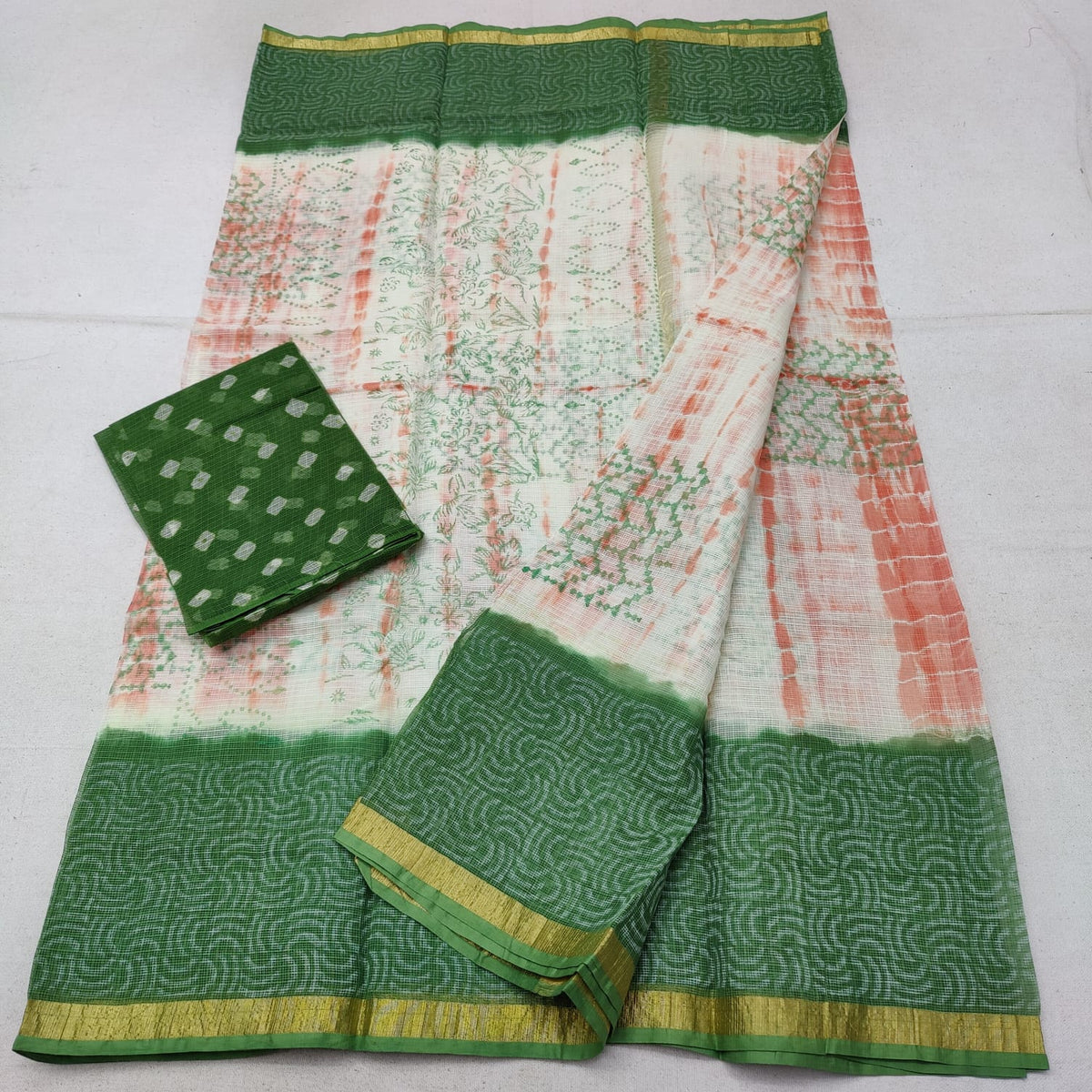 Green Border Cotton Slub Saree with Contrast Body Block