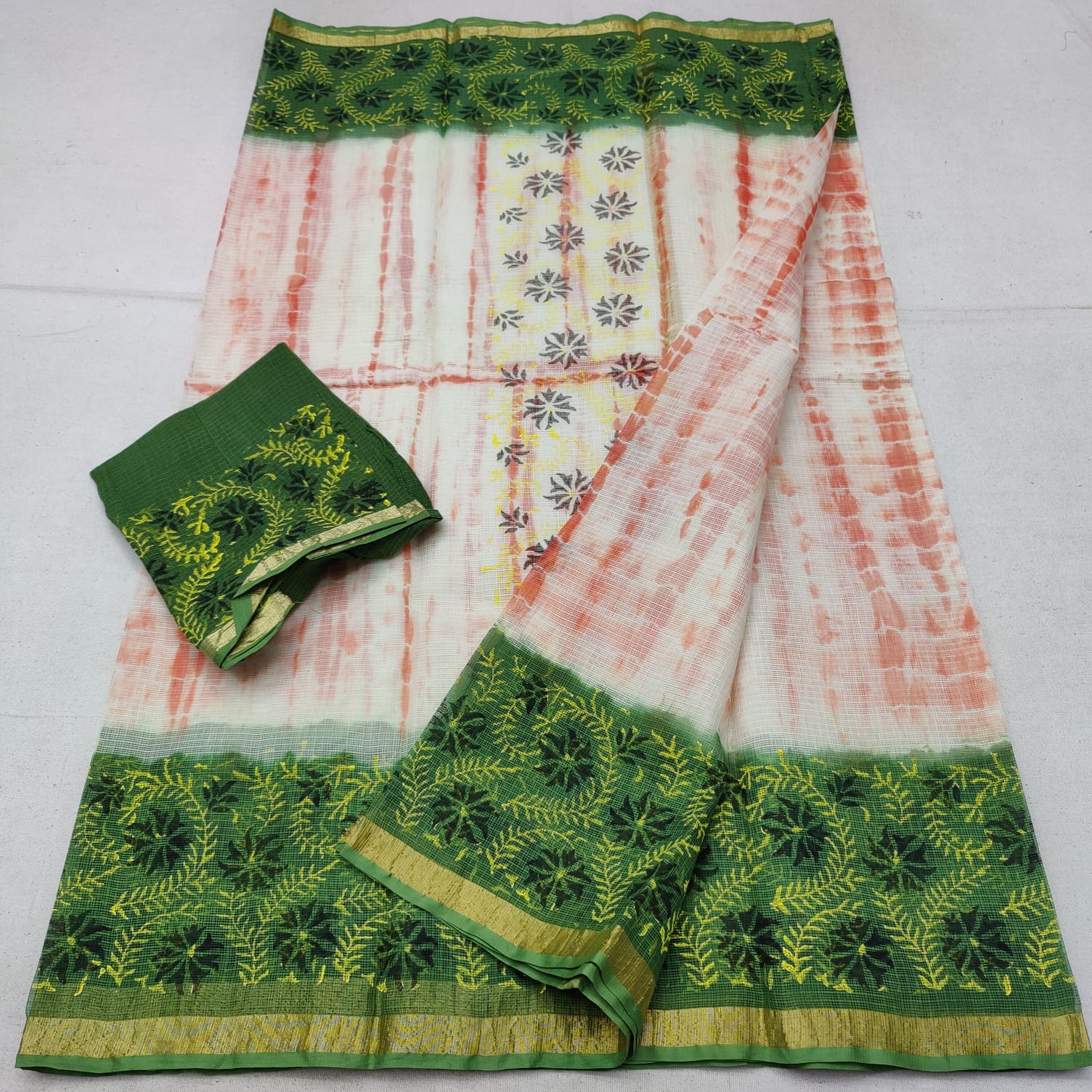 Green  Border Art Motif  Block Printed Cotton Slub Saree: