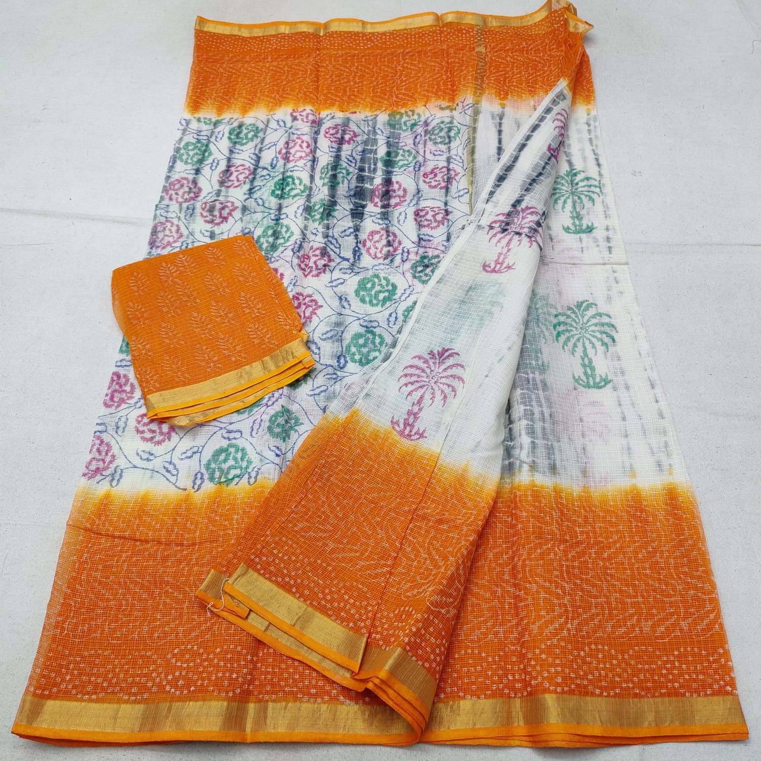 Orange  border Tree Motif Body Block Printed Cotton Slub Saree: