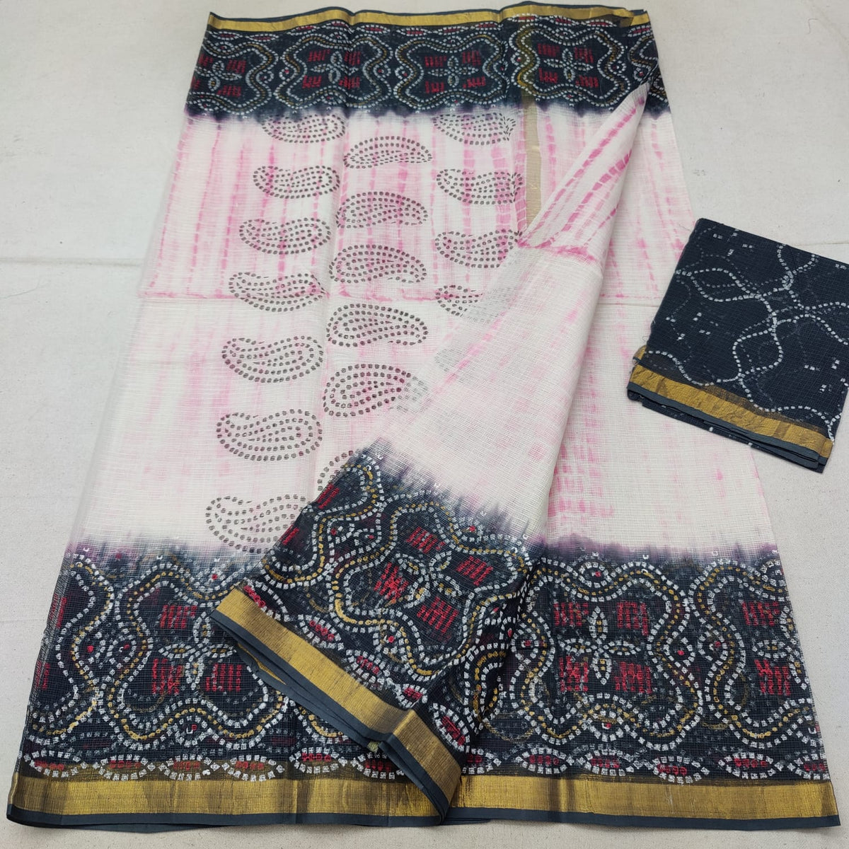 Cotton Slub Saree with Dark Motif & Brocade Border Block Print