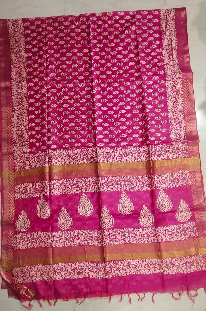 Raani Colour Cotton Slub Saree with Contrast Body & Block Printed