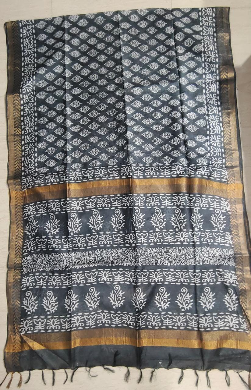 Black Cotton Slub Saree Motif Border & Block Printed