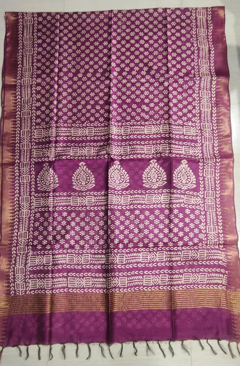 Beautiful Purple Motif Border & Contrast Body Block Printed Cotton Slub Saree: