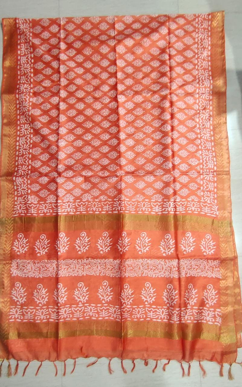 Beautiful Orange Colour Geometrical Motif Border &  Block Printed Cotton Slub Saree: