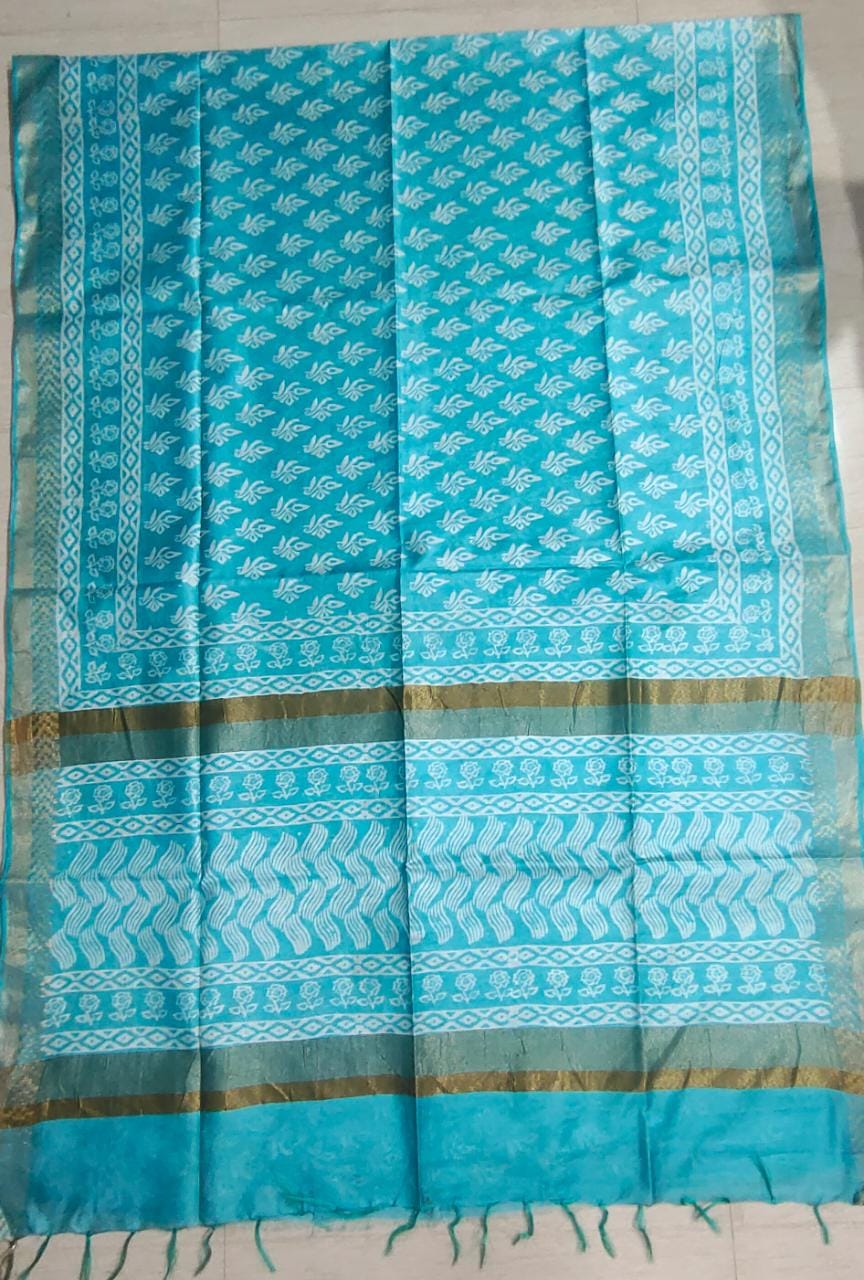 Beautiful Sky Blue  Colour Geometrical Motif Border &  Block Printed Cotton Slub Saree: