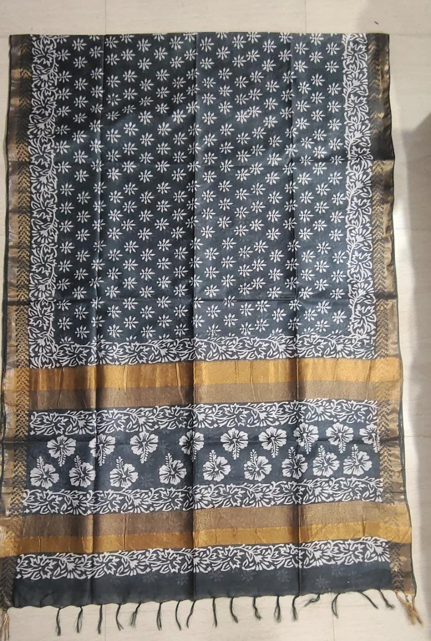 Beautiful Grey Colour Geometrical Motif Border &  Block Printed Cotton Slub Saree: