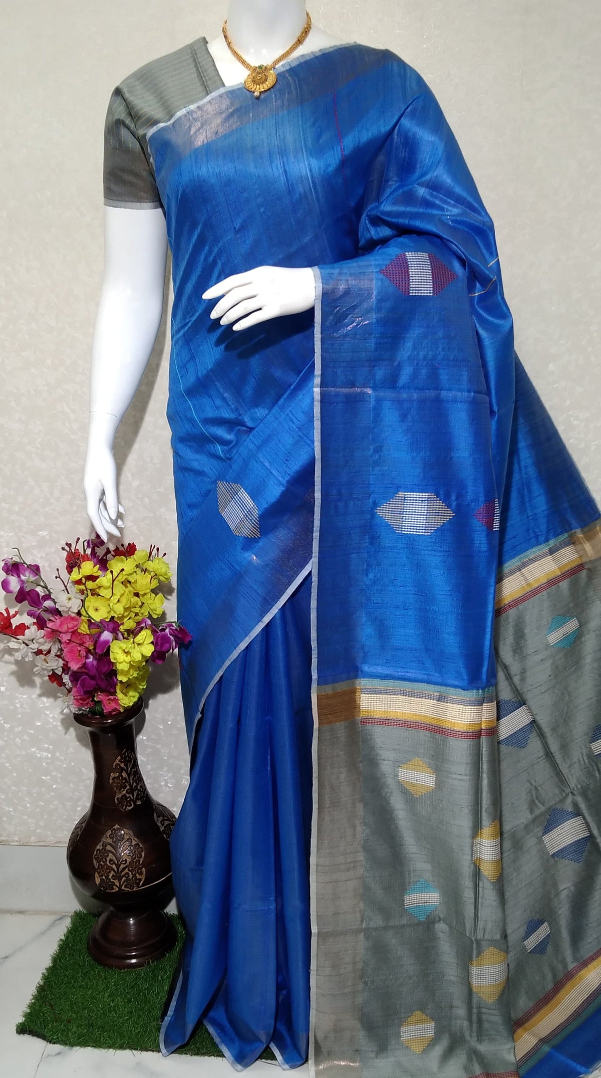 Handloom Blue Colour Bhagalpuri Tussar Silk Saree with Weaved Grey with Bold Stripe Pallu