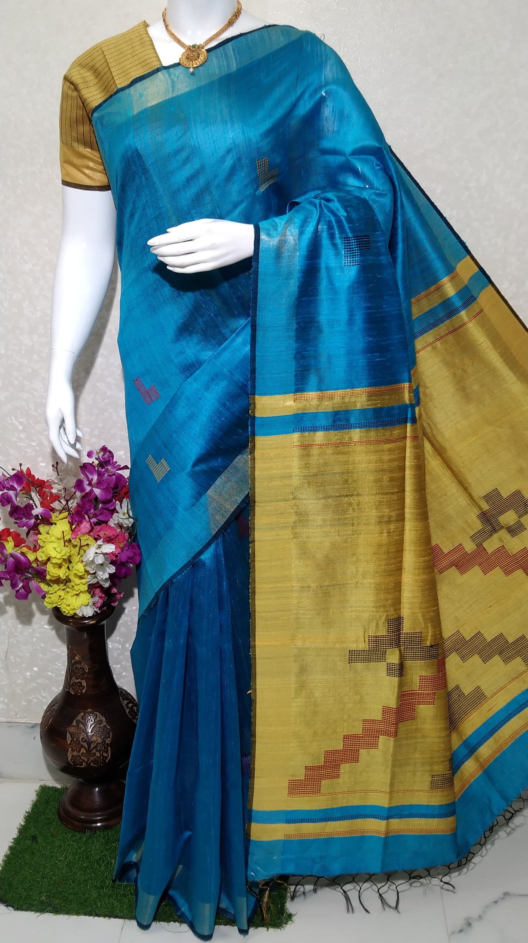 Blue colour Bhagalpuri Tussar Silk Saree with Mustard Weaved Pallu