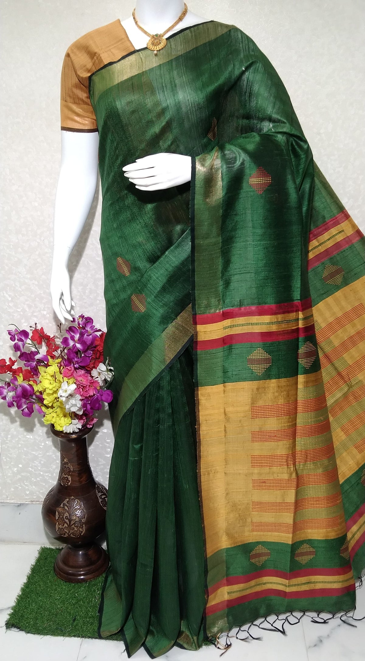 Handloom Green Colour Bhagalpuri Tussar Silk Saree with Mustard-Red Pallu