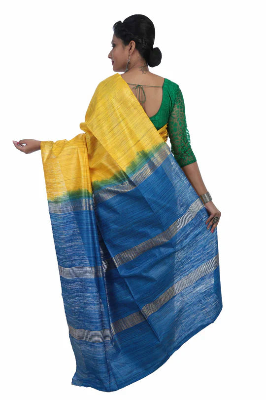 Stylish Dual-Tone Yellow Tussar Gichha Silk Saree with Blue Pallu