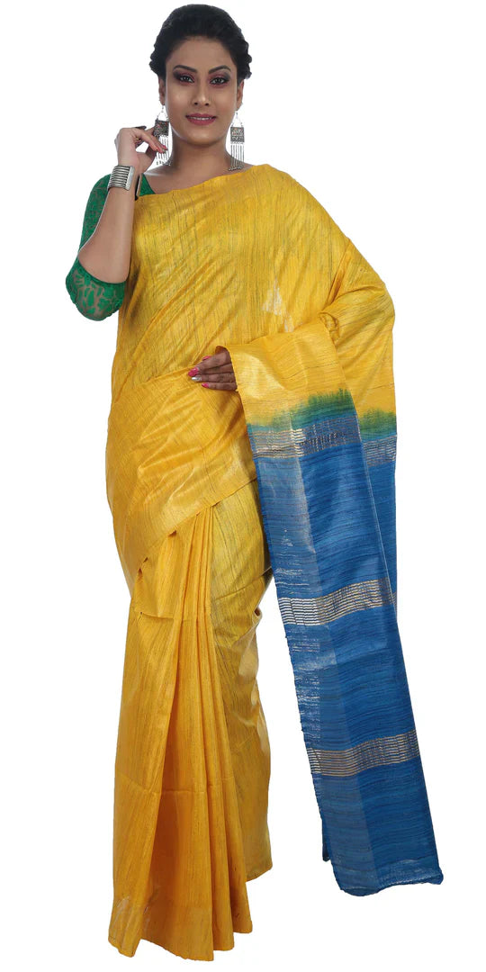 Stylish Dual-Tone Yellow Tussar Gichha Silk Saree with Blue Pallu