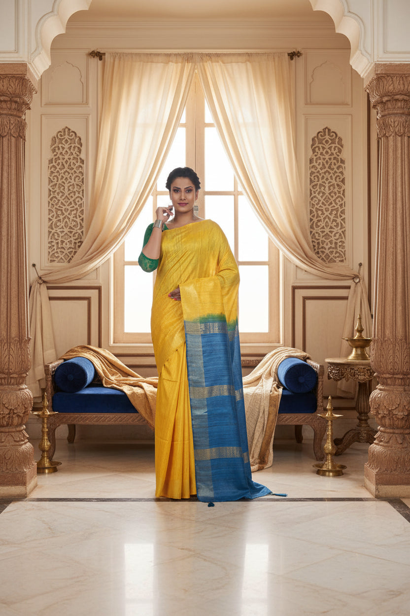 Stylish Dual-Tone Yellow Tussar Gichha Silk Saree with Blue Pallu