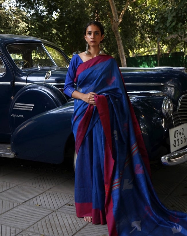 Handloom Blue Color Natural Tussar Silk Saree with Weaved border