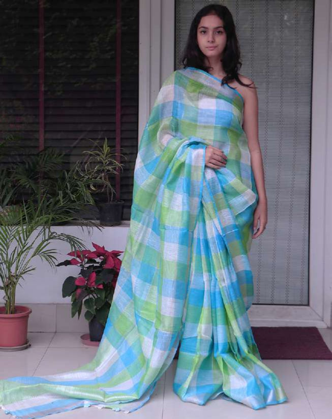 Sea Green Check Pattern Design Linen Saree