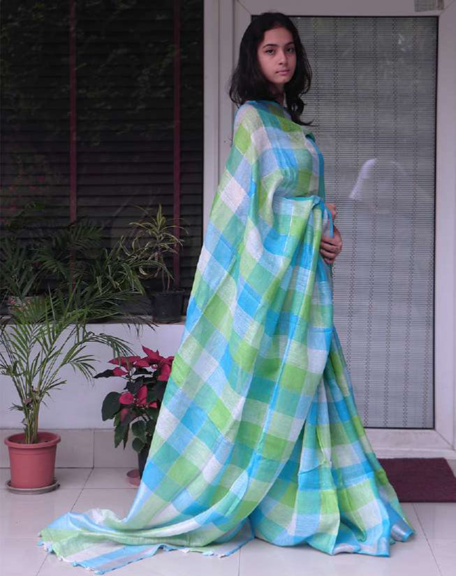 Sea Green Check Pattern Design Linen Saree
