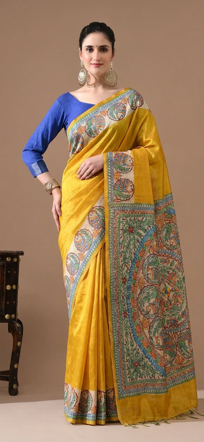 Mustard Madhubani Silk Saree