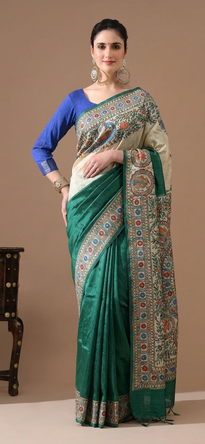 Emerald Madhubani Silk Saree