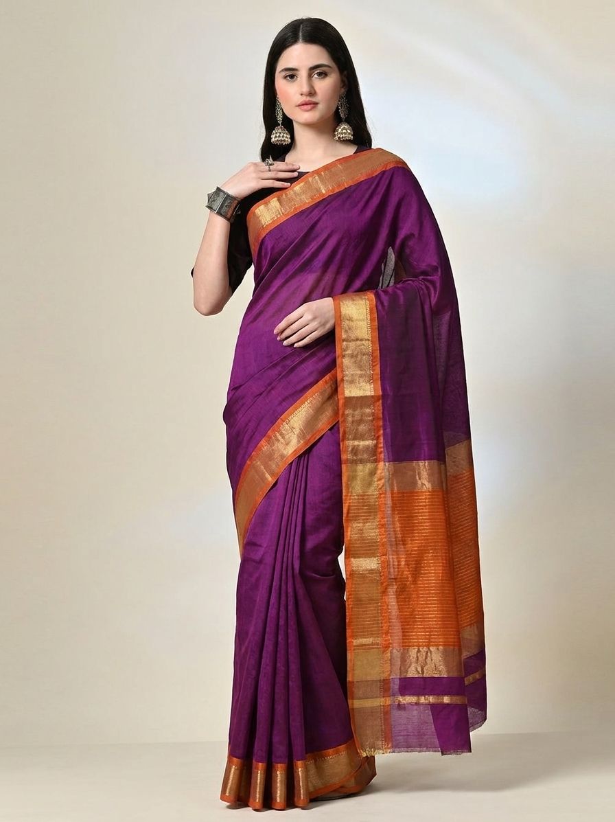 Royal Purple Maheshwari Silk Saree with Handwoven Gold Zari Border & Rust Orange Pallucloth