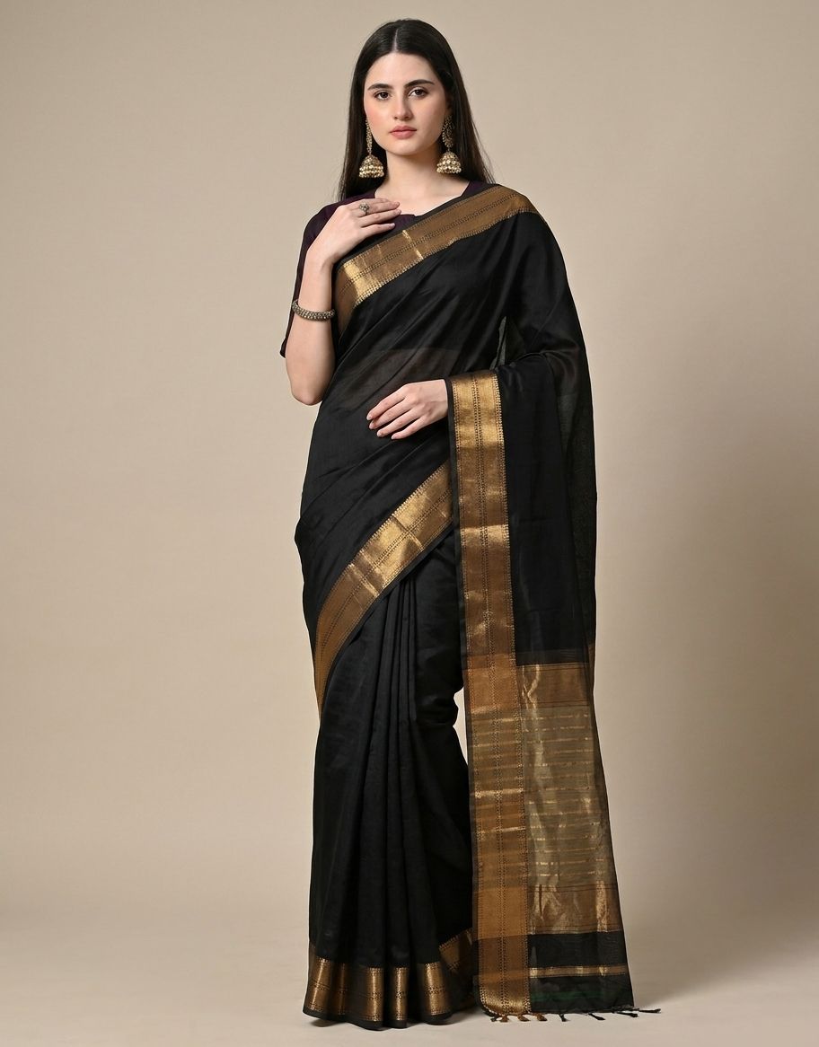 Classic Black Maheshwari Silk Saree with Handwoven Gold Zari Border