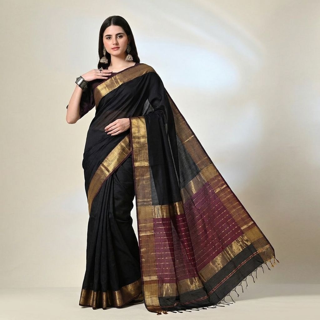 lassic Black Maheshwari Silk Saree with Handwoven Gold Zari Border & Maroon Pallu