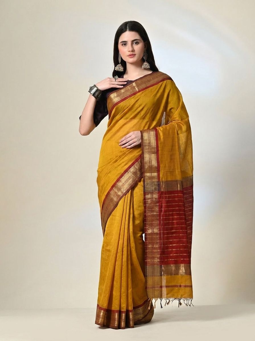 Mustard Yellow Maheshwari Silk Saree with Handwoven Gold Zari Border & Maroon Striped Pallu