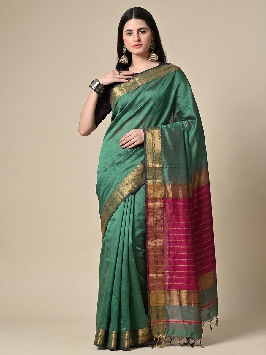Sage Green Maheshwari Silk Saree with Handwoven Gold Zari Border & Rani Pink Pallu