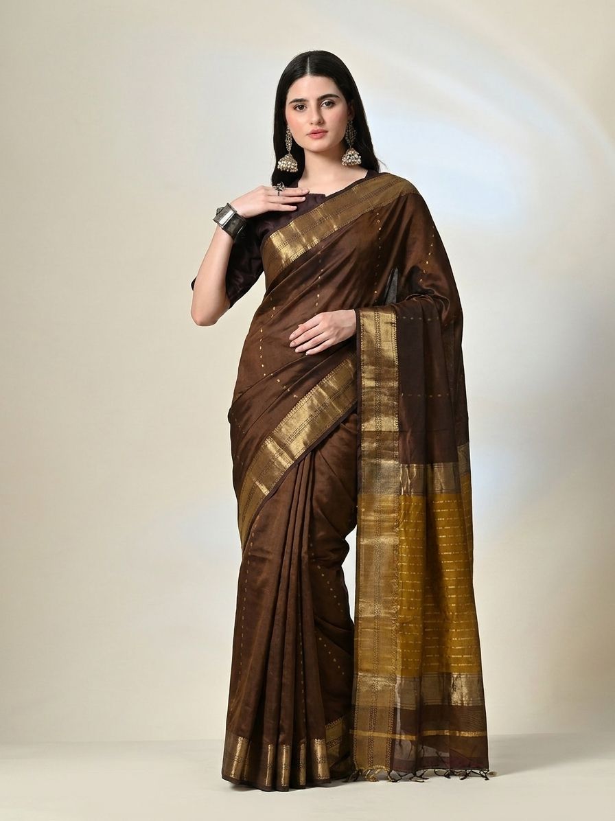 Brown Maheshwari Silk Saree with Handwoven Gold Zari Border